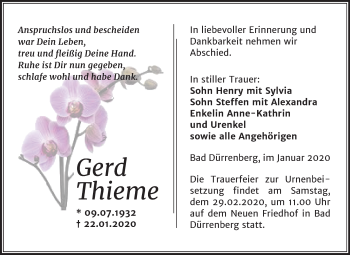 Traueranzeige von Gerd Thieme von Mitteldeutsche Zeitung Merseburg/Querfurt