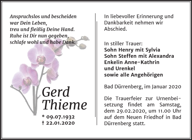  Traueranzeige für Gerd Thieme vom 01.02.2020 aus Super Sonntag Merseburg/Querfurt