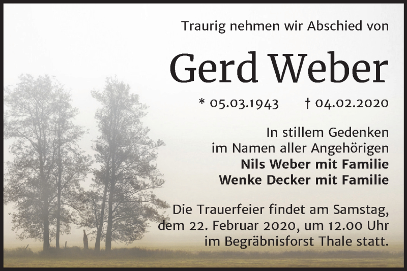  Traueranzeige für Gerd Weber vom 15.02.2020 aus Super Sonntag Quedlinburg