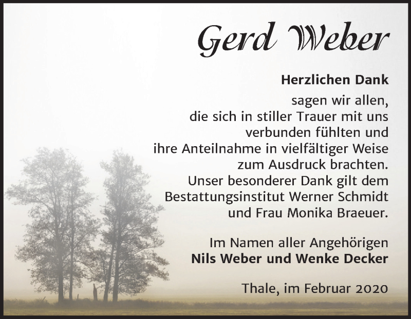  Traueranzeige für Gerd Weber vom 29.02.2020 aus Super Sonntag Quedlinburg