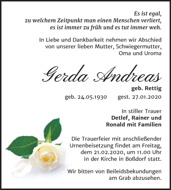 Traueranzeige von Gerda Andreas von Super Sonntag Wittenberg
