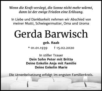Traueranzeige von Gerda Barwisch von Mitteldeutsche Zeitung Bitterfeld