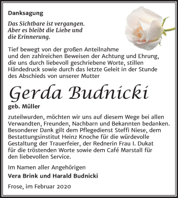 Traueranzeige von Gerda Budnicki von Super Sonntag Aschersleben
