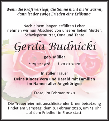 Traueranzeige von Gerda Budnicki von Super Sonntag Aschersleben