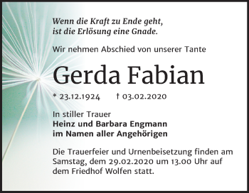 Traueranzeige von Gerda Fabian von Mitteldeutsche Zeitung Bitterfeld