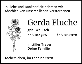 Traueranzeige von Gerda Fluche von Wochenspiegel Aschersleben