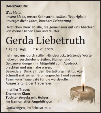 Traueranzeige von Gerda Liebetruth von Wochenspiegel Naumburg/Nebra