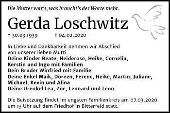 Traueranzeige von Gerda Loschwitz von Mitteldeutsche Zeitung Bitterfeld