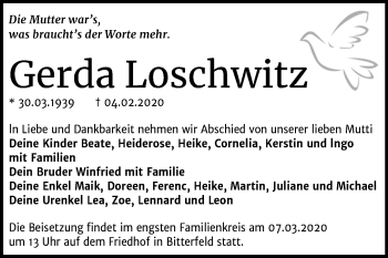 Traueranzeige von Gerda Loschwitz von Mitteldeutsche Zeitung Bitterfeld