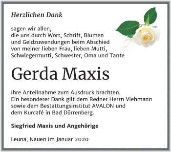 Traueranzeige von Gerda Maxis von Mitteldeutsche Zeitung Merseburg/Querfurt