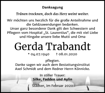 Traueranzeige von Gerda Trabandt von Wochenspiegel Naumburg/Nebra