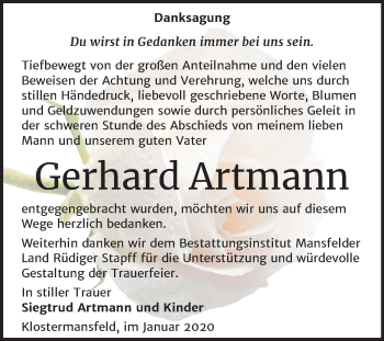 Traueranzeige von Gerhard Artmann von Wochenspiegel Mansfelder Land