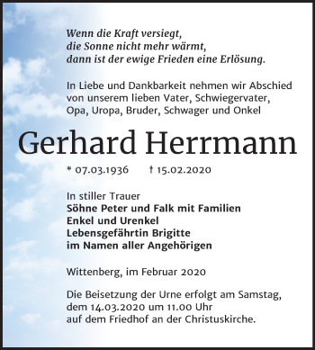 Traueranzeige von Gerhard Herrmann von Super Sonntag Wittenberg