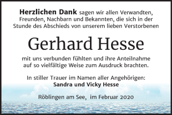 Traueranzeige von Gerhard Hesse von Super Sonntag Mansfelder Land