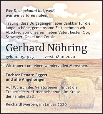 Traueranzeige von Gerhard Nöhring von Wochenspiegel Weißenfels
