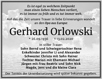 Traueranzeige von Gerhard Orlowski von Mitteldeutsche Zeitung Halle/Saalkreis / Naumburg/Nebra
