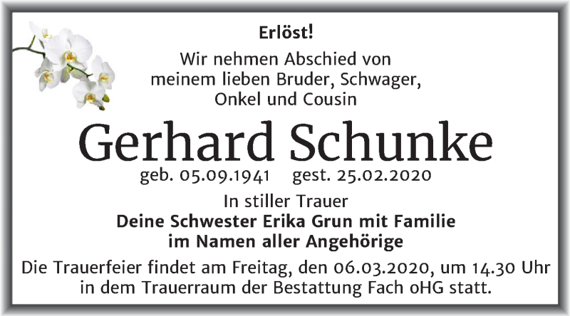  Traueranzeige für Gerhard Schunke vom 29.02.2020 aus Mitteldeutsche Zeitung Merseburg/Querfurt