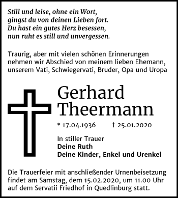 Traueranzeige von Gerhard Theermann von Super Sonntag Quedlinburg