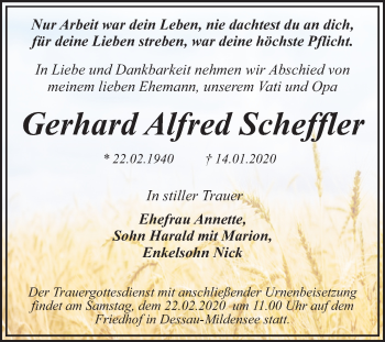 Traueranzeige von Gerhard Alfred Scheffler von Super Sonntag Dessau-Roßlau