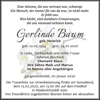 Traueranzeige von Gerlinde Baum von Mitteldeutsche Zeitung Merseburg/Querfurt