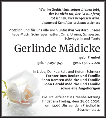 Traueranzeige von Gerlinde Mädicke von Super Sonntag Merseburg/Querfurt
