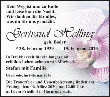 Traueranzeige von Gertraud Helling von Super Sonntag Quedlinburg