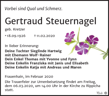 Traueranzeige von Gertraud Steuernagel von Mitteldeutsche Zeitung Zeitz