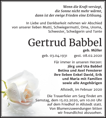 Traueranzeige von Gertrud Babbel von Mitteldeutsche Zeitung Sangerhausen