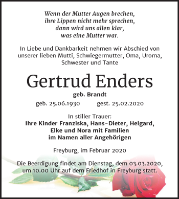 Traueranzeige von Gertrud Enders von Mitteldeutsche Zeitung Naumburg/Nebra