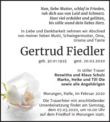Traueranzeige von Gertrud Fiedler von Mitteldeutsche Zeitung Sangerhausen