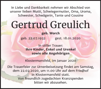 Traueranzeige von Gertrud Greulich von Wochenspiegel Mansfelder Land