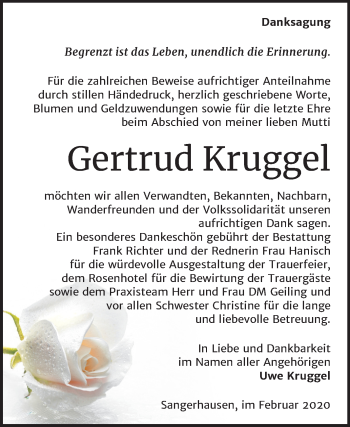 Traueranzeige von Gertrud Kruggel von Mitteldeutsche Zeitung Sangerhausen