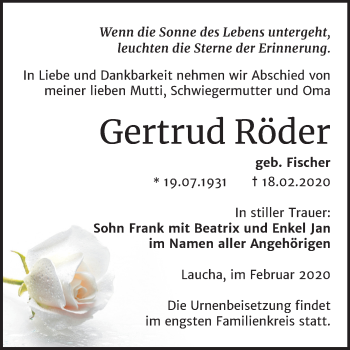 Traueranzeige von Gertrud Röder von Wochenspiegel Naumburg/Nebra