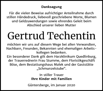 Traueranzeige von Gertrud Techentin von Mitteldeutsche Zeitung Quedlinburg