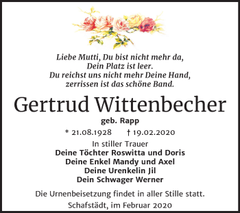 Traueranzeige von Gertrud Wittenbecher von Mitteldeutsche Zeitung Merseburg/Querfurt