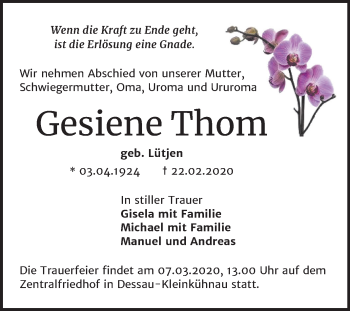 Traueranzeige von Gesiene Thom von Super Sonntag Dessau-Roßlau