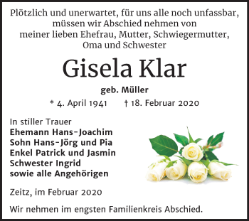 Traueranzeige von Gisela Klar von Mitteldeutsche Zeitung Zeitz