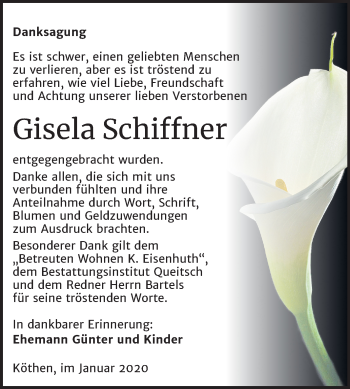 Traueranzeige von Gisela Schiffner von Super Sonntag Köthen