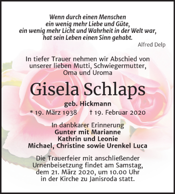 Traueranzeige von Gisela Schlaps von Wochenspiegel Naumburg/Nebra