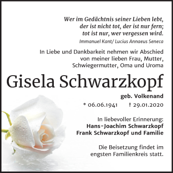 Traueranzeige von Gisela Schwarzkopf von Wochenspiegel Mansfelder Land