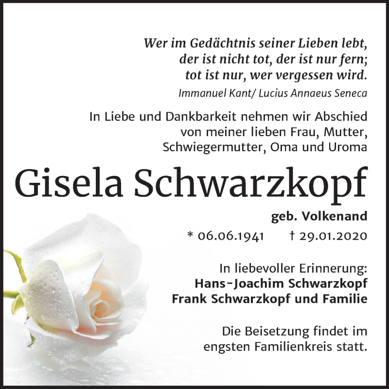  Traueranzeige für Gisela Schwarzkopf vom 12.02.2020 aus Wochenspiegel Mansfelder Land