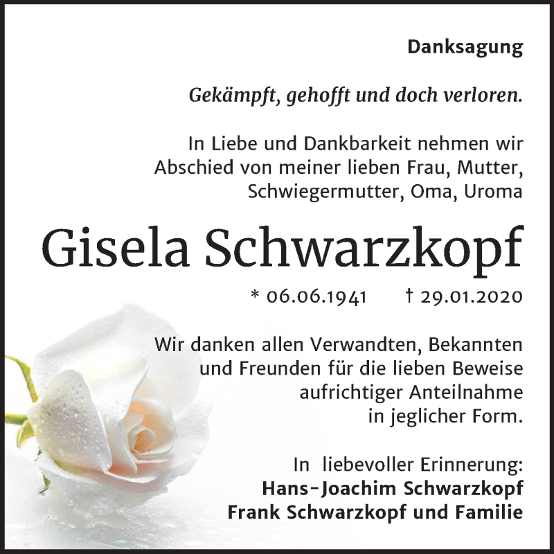  Traueranzeige für Gisela Schwarzkopf vom 26.02.2020 aus Wochenspiegel Mansfelder Land