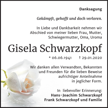 Traueranzeige von Gisela Schwarzkopf von Mitteldeutsche Zeitung Mansfelder Land