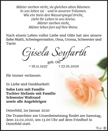 Traueranzeige von Gisela Seyfarth von Super Sonntag Zeitz