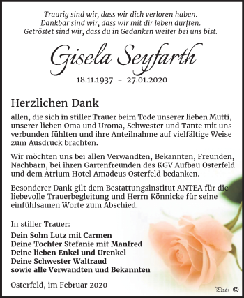 Traueranzeige von Gisela Seyfarth von Super Sonntag Zeitz