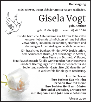 Traueranzeige von Gisela Vogt von Wochenspiegel Weißenfels