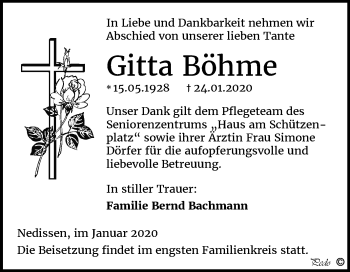Traueranzeige von Gitta Böhme von Mitteldeutsche Zeitung Zeitz