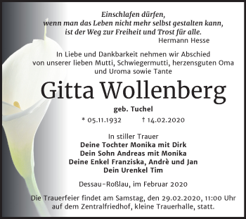 Traueranzeige von Gitta Wollenberg von Mitteldeutsche Zeitung Dessau-Roßlau