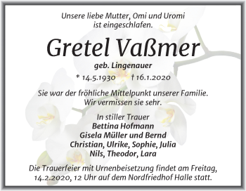 Traueranzeige von Gretel Vaßmer von Mitteldeutsche Zeitung Halle/Saalkreis