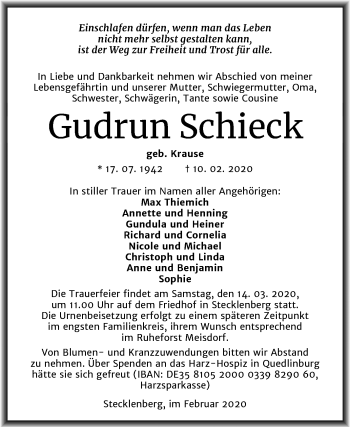 Traueranzeige von Gudrun Schieck von Mitteldeutsche Zeitung Quedlinburg